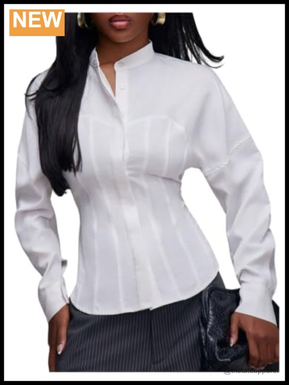 Long Sleeve Button Down Blouse Cinched Waist Band Collar Work Shirt Womens